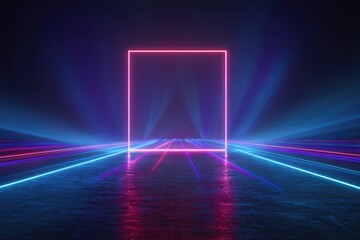 Glowing square portal with streaks of neon lights receding on a textured, dark surface