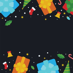 Christmas themed background with copy space featuring colorful gift boxes, socks, bells, and decorated pine trees suitable for celebrate December events, holiday design, and social media posts.