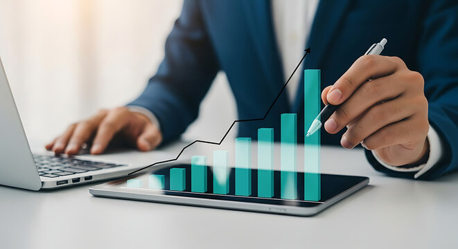 Businessman analyzing financial growth chart on digital tablet and laptop - Powered by Adobe