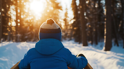 A child wearing a blue jacket and winter hat rides on a sled through a snowy forest, the sun shining through the trees, casting a warm glow on the scene. He enjoys a winter wonderland.
