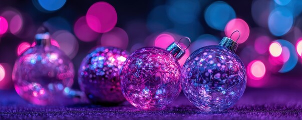 Colorful Christmas ornaments with a shimmering finish, surrounded by bokeh lights in vibrant pink and blue hues, creating a festive ambiance.