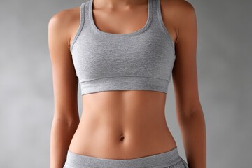 A fit woman stands close to the camera with a flat belly, wearing comfortable workout attire, highlighting her dedication to fitness and healthy living
