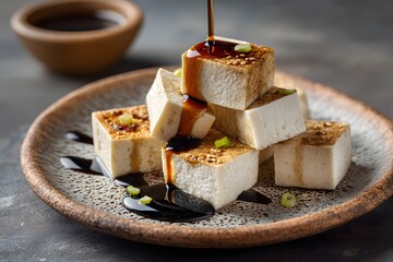 Cubes of Fried Tofu Drizzled with Soy Sauce and Sesame Seeds Image