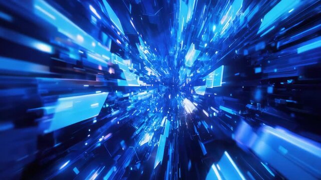 Digital explosion of blue and white hues with light streaks in a cybernetic style.