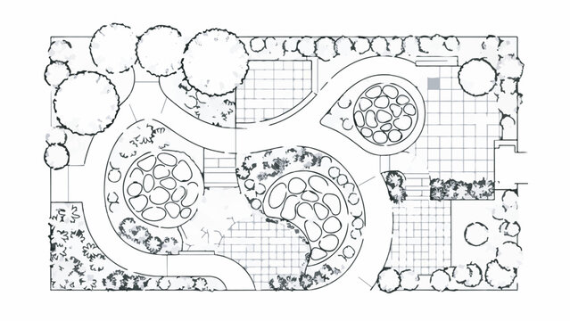 Garden Landscape Design Plan with Paths and Trees, Top View Illustration