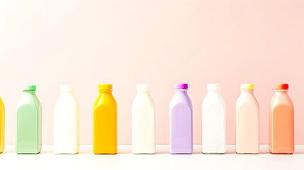 Various flavored milk cartons in different colors are lined up on a white surface, with a light pink wall creating a simple backdrop