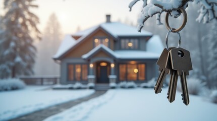 Key with house shaped keychain. Modern country private house with winter snowy garden on the background. Real estate, moving home or renting property concept. 