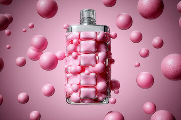 A handcrafted mezcal bottle is set in a unique arrangement, covered with soft bubble-gum and surrounded by bubble-gum balls, creating an artistic scene