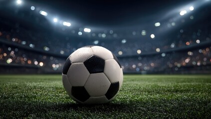 Naklejka premium A soccer ball sits on lush grass, stadium lights illuminating the packed stands in the background at nighttime