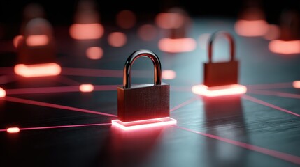 A digital illustration featuring padlocks on a network, symbolizing security and data protection with glowing lines.