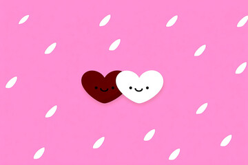 Two happy hearts, one red and one white, sit closely together on a pink background. White and pink shapes surround them to create a festive look for Valentine's Day
