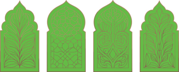 Elegant Islamic geometric patterns, ornate arches, floral motifs, and traditional Arabic window designs for luxury interior decoration and cultural art projects.