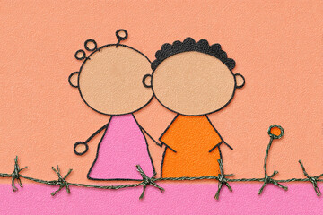 Two cartoon characters stand close together holding hands against an orange background, representing love and connection on Valentine's Day