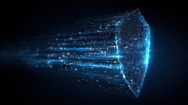 A vibrant, digital representation of data streams emanating from a geometric shape, symbolizing technology and innovation. - Powered by Adobe
