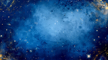 A wedding invitation design showcases a deep blue background filled with stars and golden highlights. This design captures a celestial theme for a special event