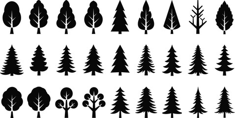 Set of diverse tree silhouettes including conifer and deciduous shapes, minimalist forest icons for nature design, landscaping graphics, environmental themes, and illustration projects