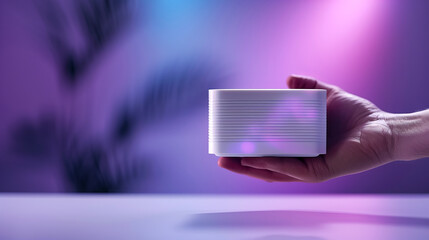A hand holds a small projector that creates augmented reality visuals in changing light colors. The scene is set in an indoor space with dim lighting