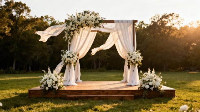 Wooden arbor standing on a stage decorated with white sheer fabric draping and large white rose and hydrangea bouquets under golden sunset light.