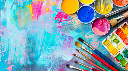 Bright colors and Pantone samples appear scattered alongside various brushes and paint containers on a vibrant surface in an artistic workspace