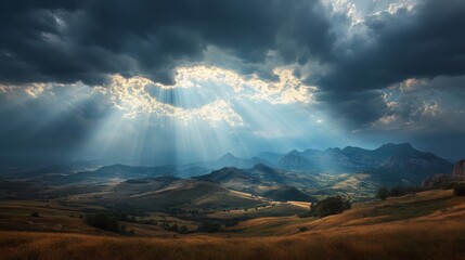 Heavenly Rays Illuminating Rolling Hills And Mountains