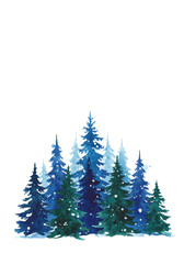 Fototapeta premium Stylized, dense pine trees painted in cool watercolor washes (indigo, emerald, teal), isolated on white with soft snowfall and expressive brushwork. Cozy holiday atmosphere