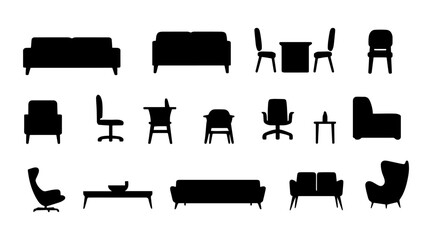 Modern silhouette furniture in section view, including various chairs, sofas, tables, and armchairs. CAD Drawings. Vector illustration.