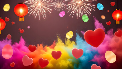 Joyful celebration with hearts, powder, lanterns, and fireworks