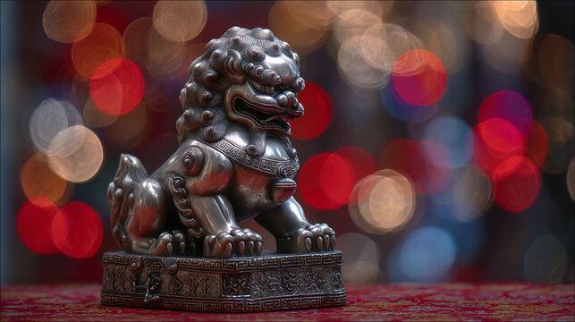A detailed, silver Foo Dog statue sits majestically on an ornate base, with a background of colorful bokeh lights creating a festive mood.