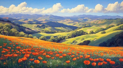 Rolling Hills Poppy Field Landscape Painting