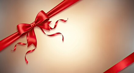 A red ribbon with a bow on a beige background.