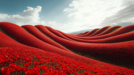 Rolling Hills of Red Poppies Blooming Abundantly