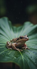 Close-up of a small frog resting on a large green leaf after rain.