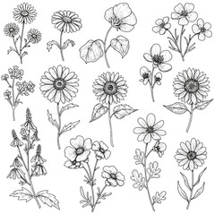Fototapeta premium Charming hand-drawn vector flower designs, a diverse collection of minimalist botanical illustrations with elegant sketchy line art perfect for creative projects