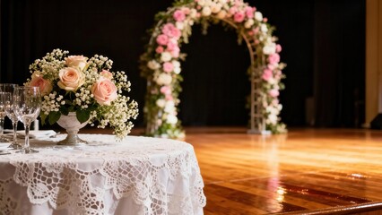 Elegant centerpiece featuring pale pink roses and baby's breath on a crocheted table near a floral wedding arch on a polished wood stage.