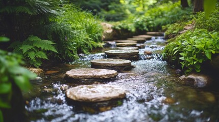 Stone Steps Across A Tranquil Garden Stream