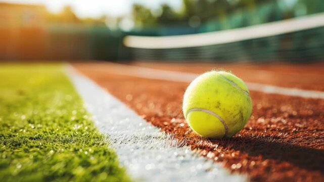 Tennis ball on clay court with line visible, sunny day