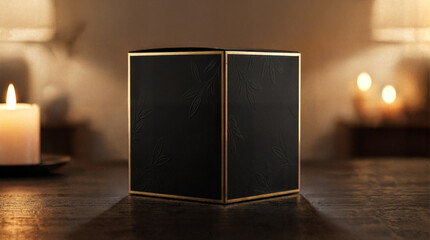 Elegant black luxury packaging box with gold accents, placed on a wooden table in a warm candle-lit setting. Ideal for cosmetics, jewelry, premium products, and branding mockups