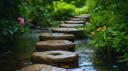 Stone Steps Across A Lush Green Stream