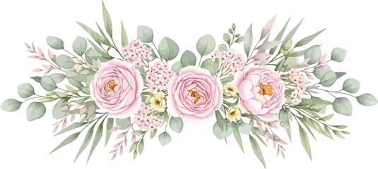 Elegant watercolor floral arrangement with pink roses and eucalyptus leaves on white background