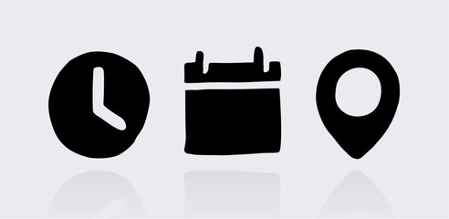 date time location venue clock calendar doodle flat icon vector set