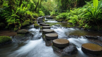 Stepping Stones Across A Lush Green Forest Stream