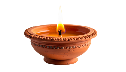 Traditional Clay Diya with Golden Flame – Transparent Background