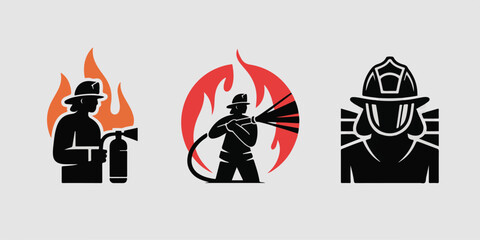 Fototapeta premium Minimalist firefighter logo set with dynamic silhouettes, bold red accents, geometric flames, protective gear, high-impact vector design, perfect for branding, emergency marketing.