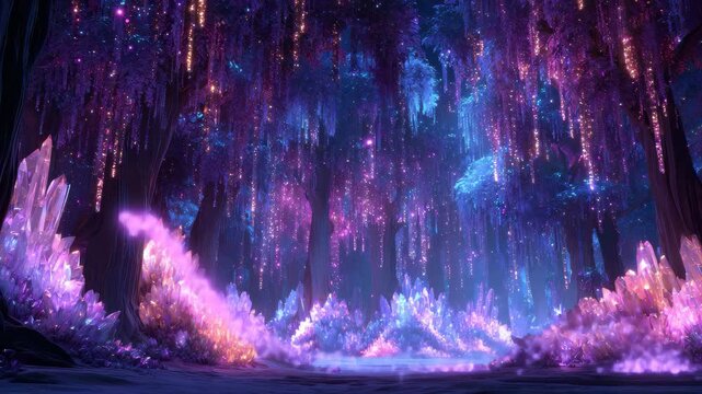 Enchanted crystal forest with vibrant colors and luminous trees at twilight