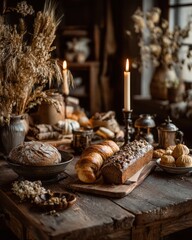 Rustic Artisan Bread Table with Candlelight in Warm Cozy Autumn Kitchen