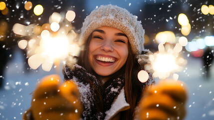 A young woman, bundled in winter attire, radiates joy while holding sparklers amidst a snowy night, her face lit with happiness and the soft glow of celebration. Warmth in winter.