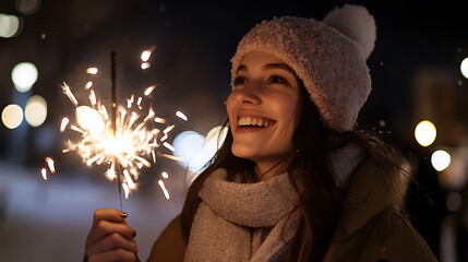 A joyful young woman celebrates in the night, holding a bright sparkler, her face lit with happiness and the festive glow of city lights. Perfect for winter celebration!
