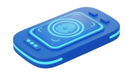 Blue biometric scanner device with a fingerprint interface. Ideal for cybersecurity concepts, technology presentations, identity verification themes, and access control graphics.
