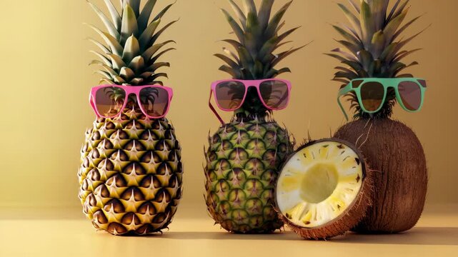 Two pineapples wearing colorful sunglasses standing on a wooden surface against a blurred background, giving it a tropical vibe.