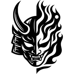 Obraz premium Oni Mask Illustration: A striking black and white illustration of a Japanese Oni mask, split into two halves.